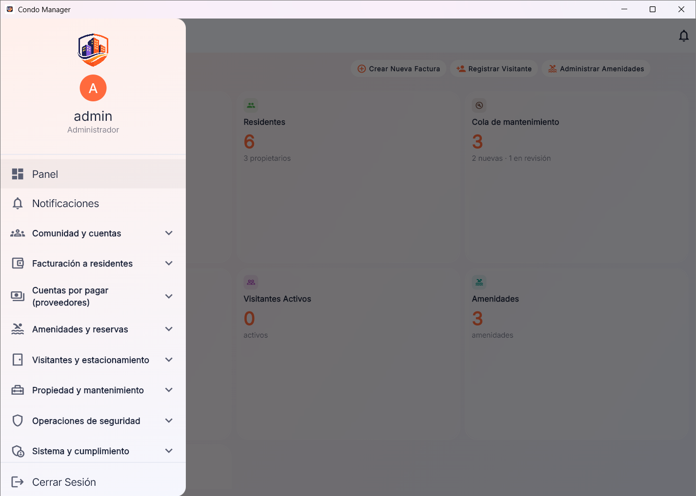 Admin side navigation with modules: dashboard, notifications, community, billing, accounts payable, amenities, visitors, maintenance, security, and compliance