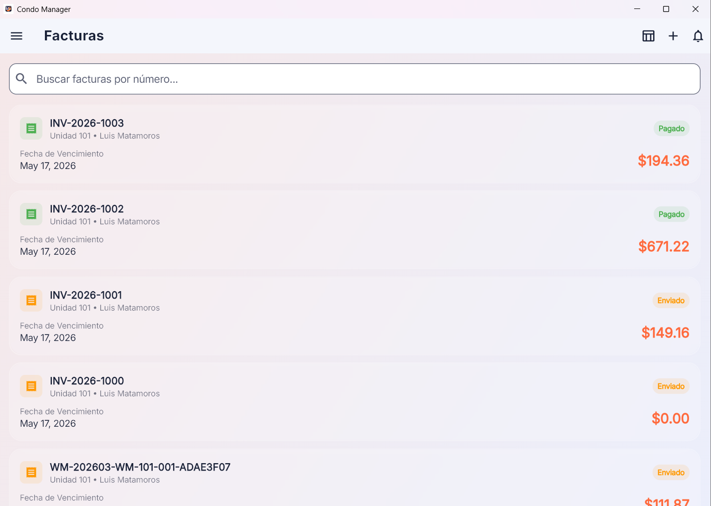 Resident invoice list showing invoice numbers, due dates, paid and sent statuses, and amounts